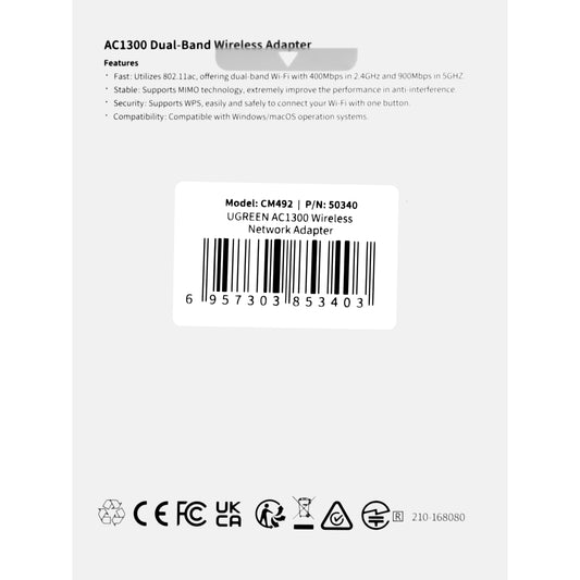 Wireless Adaptor UGREEN CM492, Dual Band, 1300Mbps, Grey