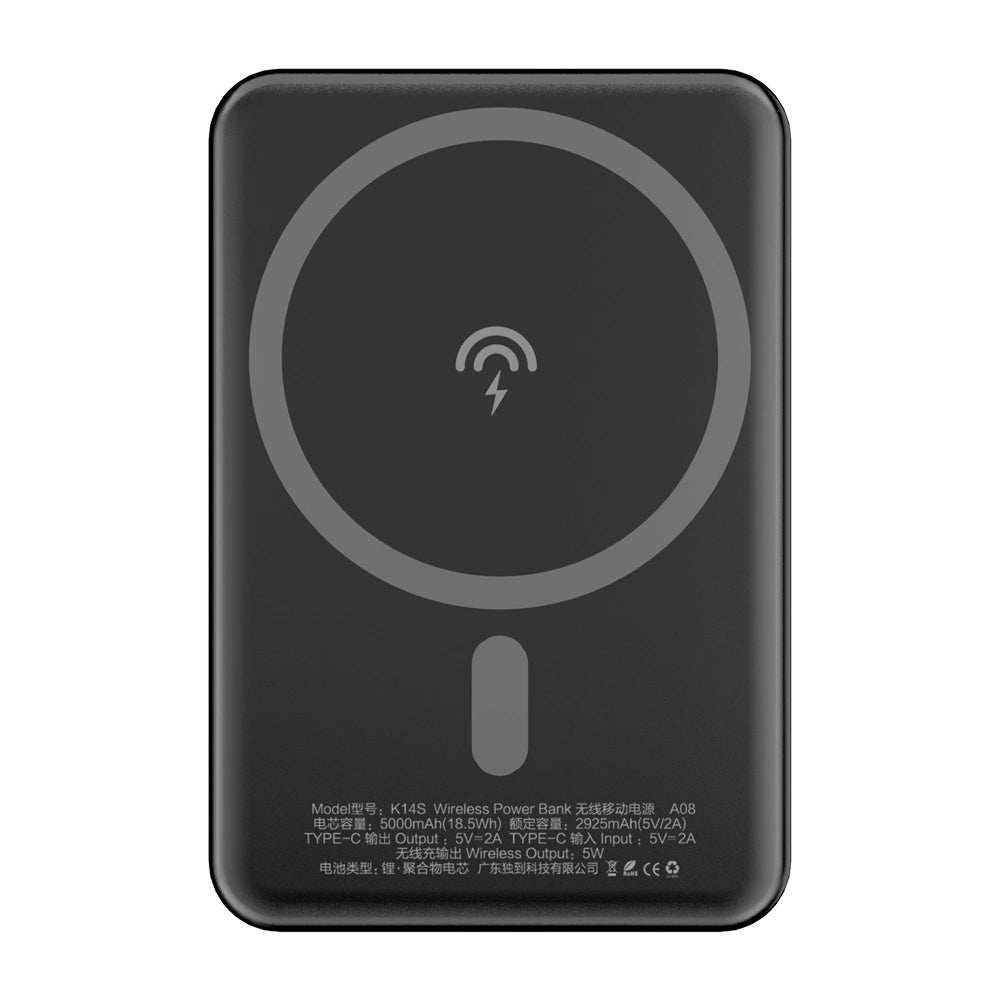 Wireless External Battery Dudao K14S, 5000mAh, 10W, PD + QI, 1 x QI - 1 x USB-C, Black