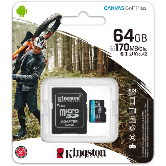 Memory Card microSDXC Kingston Canvas Go Plus, 64Gb, Class 10 / UHS-1 U3, with SDCG3/64GB Adapter