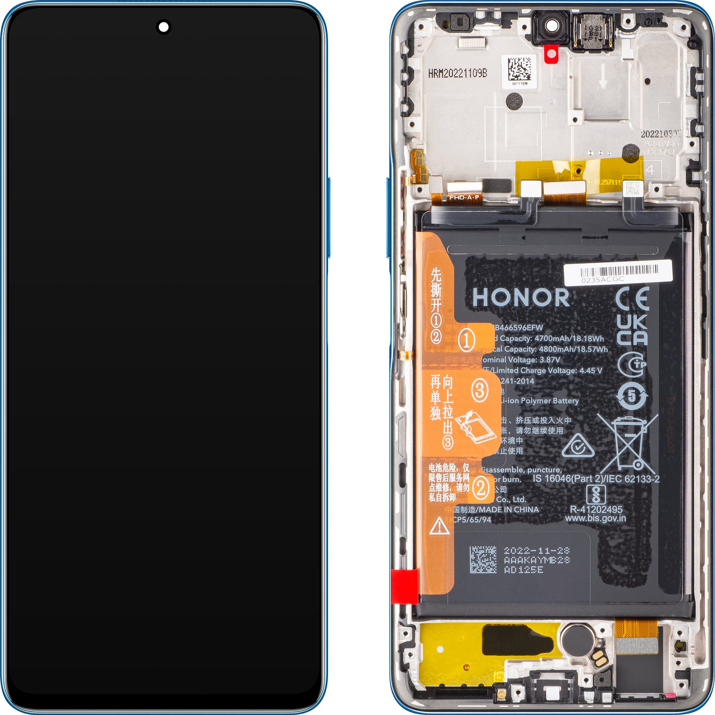 Display with Touchscreen Honor Magic4 Lite, with Frame and Battery, Blue (Ocean Blue), Service Pack 0235ABST