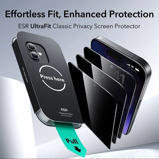 Privacy Screen Protector ESR UltraFit for Apple iPhone 17 / 16 Pro, Tempered Glass, Full Glue, Set of 3 Pieces