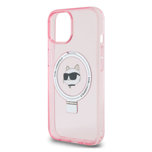 MagSafe Case for Apple iPhone 15, Karl Lagerfeld, Ring Stand Choupette's Head, Pink