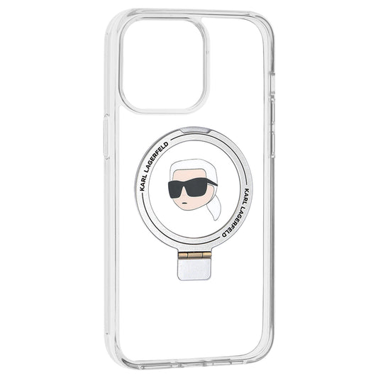 MagSafe Case for Apple iPhone 15 Pro Max, Karl Lagerfeld, Ring Stand Karl's Head, White