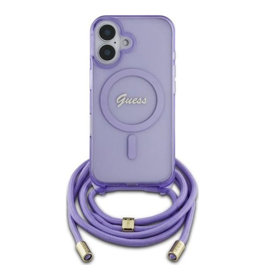 MagSafe Case for Apple iPhone 16, Guess, IML Crossbody Cord Script, Pink