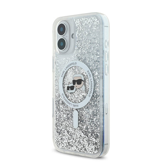 MagSafe Case for Apple iPhone 16, Karl Lagerfeld, Glitter Liquid Karl & Choupette's Heads, Transparent