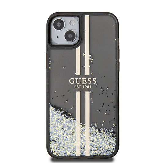 Case for Apple iPhone 15 Plus, Guess, Liquid Glitter Gold Stripes, Black