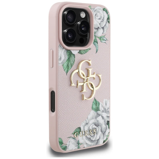 Case for Apple iPhone 16 Pro Max, Guess, 4G Grained Roses Big Logo, Pink