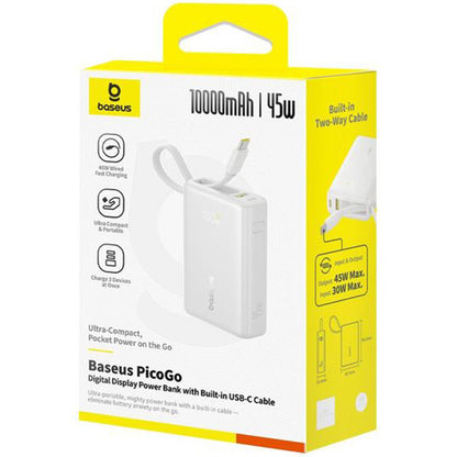 Baseus PicoGo External Battery, 10000mAh, 45W, QC + PD, 1 x USB-A - 2 x USB-C, White P10076803213-00