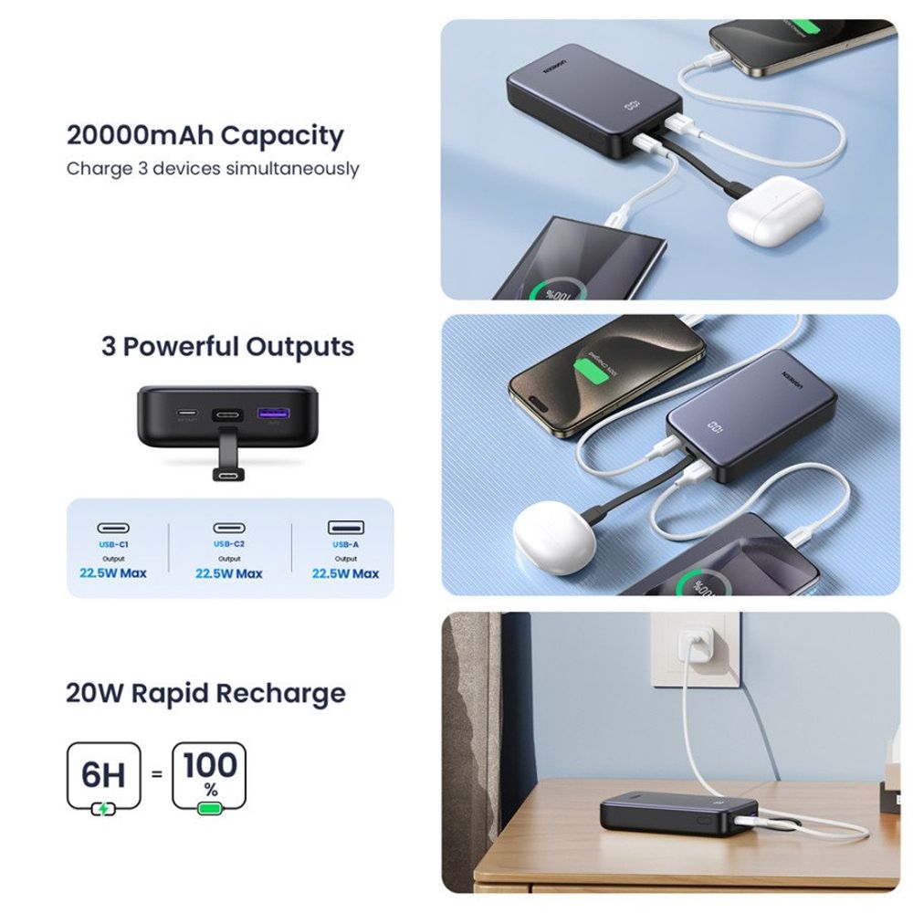UGREEN PB505 External Battery, 20000mAh, 22.5W, QC + PD, 1 x USB-A - 2 x USB-C, Grey