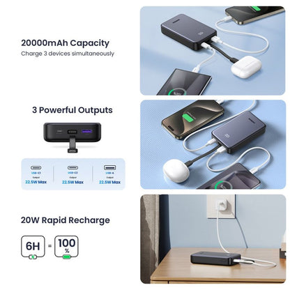 UGREEN PB505 External Battery, 20000mAh, 22.5W, QC + PD, 1 x USB-A - 2 x USB-C, Grey