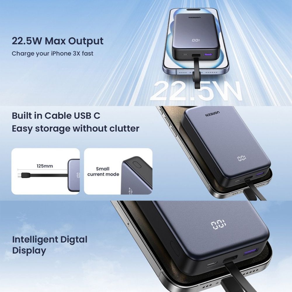 UGREEN PB505 External Battery, 20000mAh, 22.5W, QC + PD, 1 x USB-A - 2 x USB-C, Grey