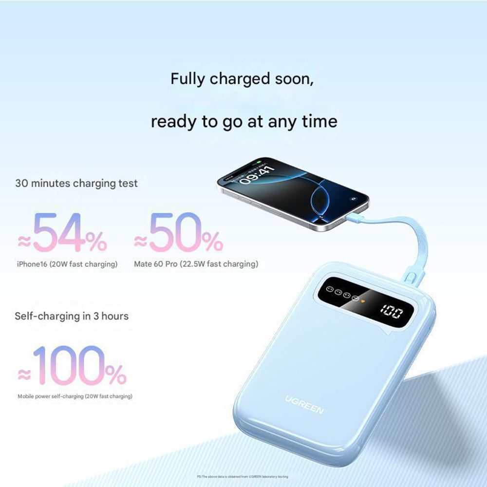 UGREEN PB522 External Battery, 10000mAh, 20W, QC + PD, 1 x USB-A - 1 x USB-C, Blue