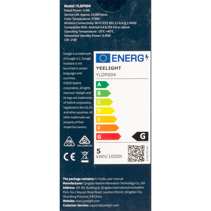 Yeelight W1 LED Bulb, Wi-Fi, GU10, 4.8W, 2700K, 350lm, Set of 4 pieces, White YLDP004 