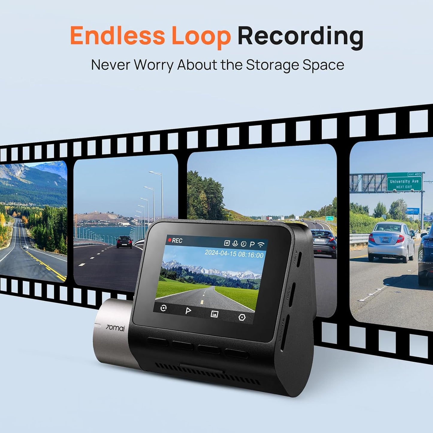Front and Rear Car Camera 70mai Dash Cam A510, 3K, GPS, Wi-Fi, 2-inch Display
