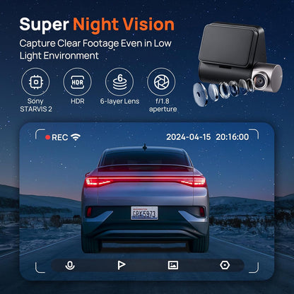 Front and Rear Car Camera 70mai Dash Cam A510, 3K, GPS, Wi-Fi, 2-inch Display