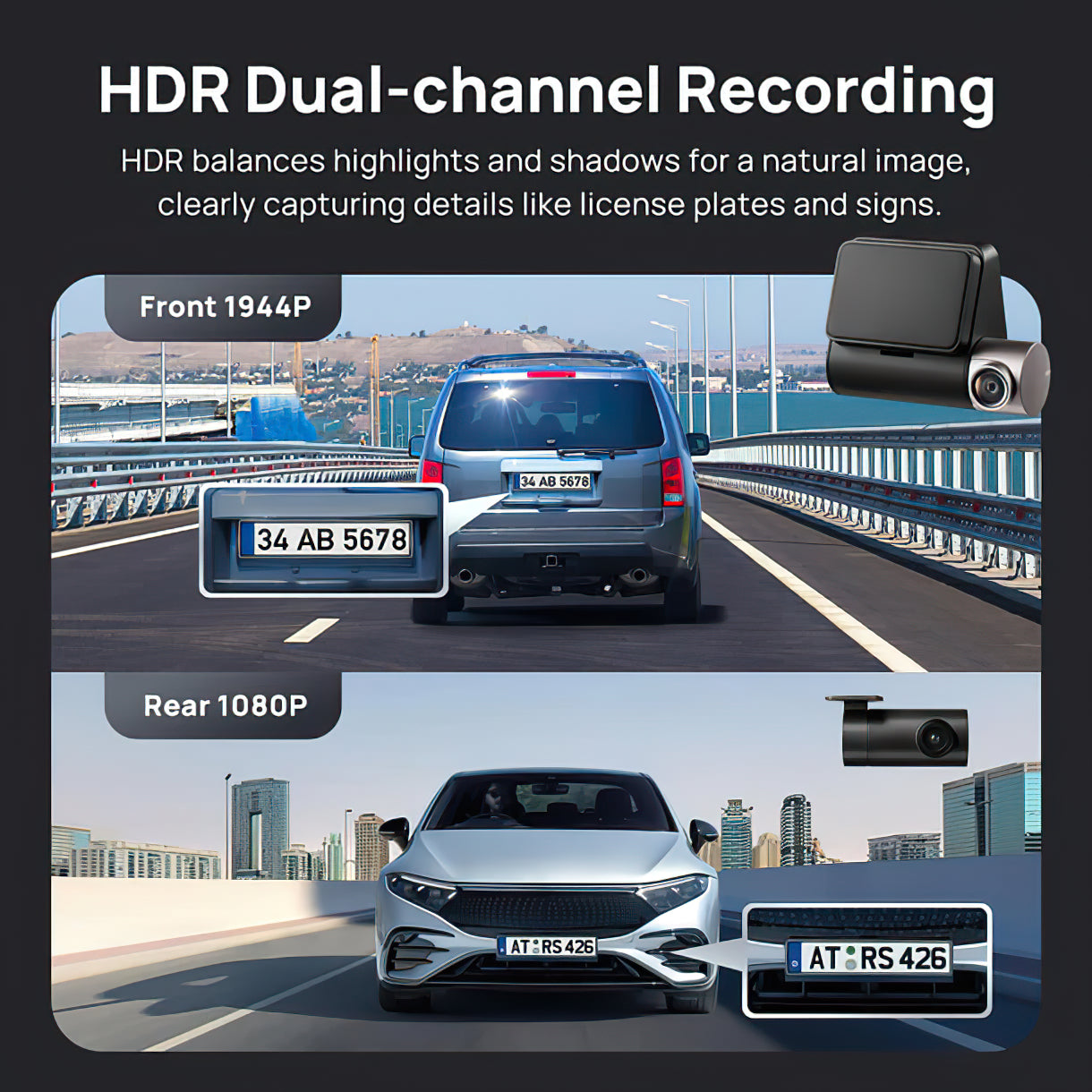 Front and Rear Car Camera 70mai Dash Cam A510, 3K, GPS, Wi-Fi, 2-inch Display