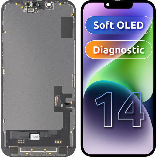 MP Touchscreen Display compatible with Apple iPhone 14, with Frame, Soft OLED FHD Diagnostic Version, Black