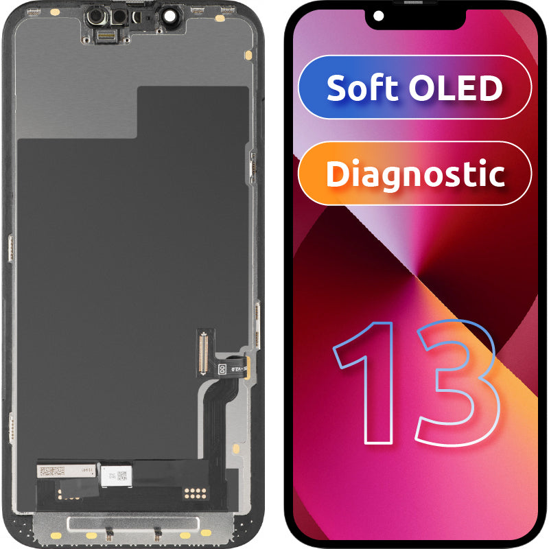 MP Touchscreen Display compatible with Apple iPhone 13, with Frame, Soft OLED FHD Diagnostic Version, Black