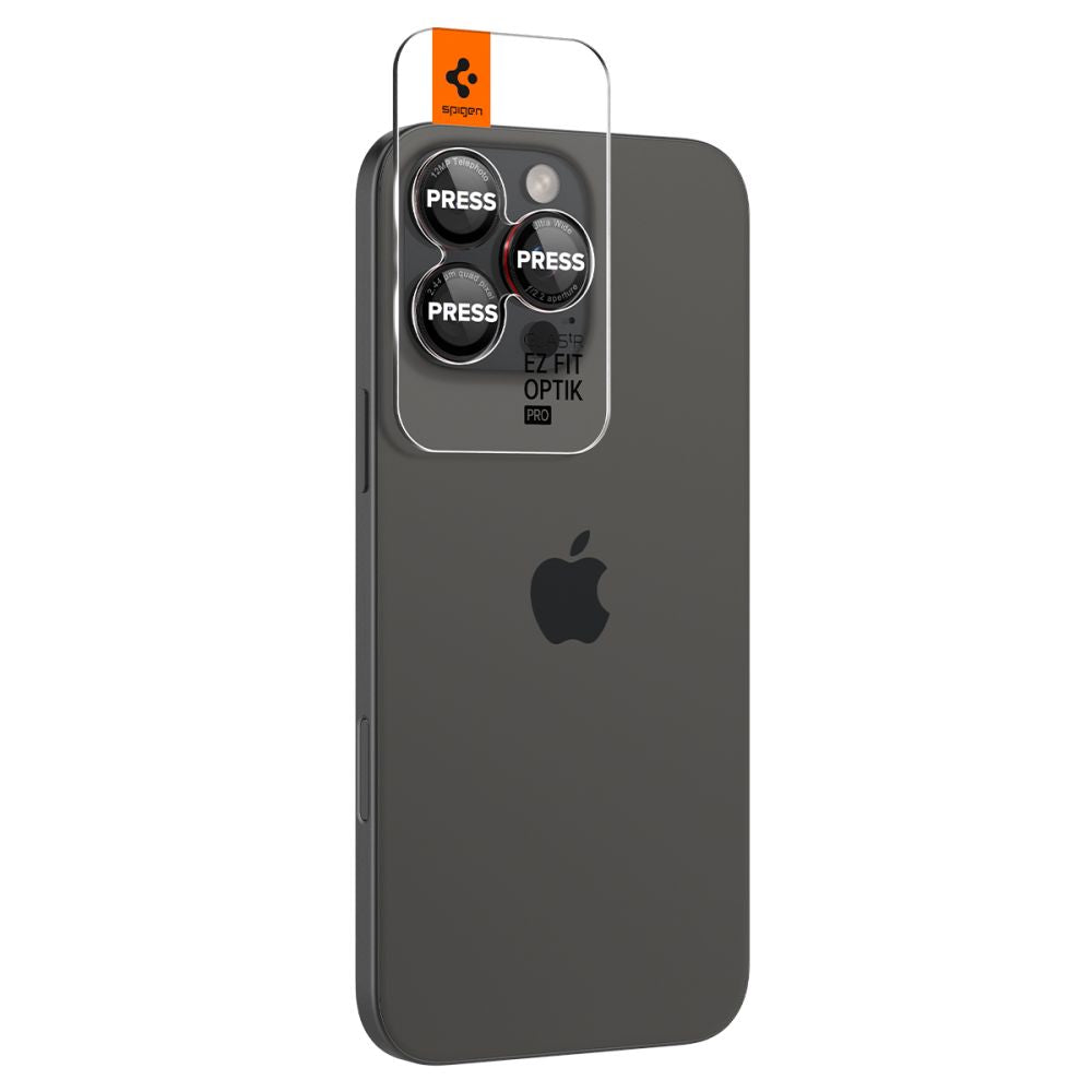 Back Camera Protective Film Spigen EZ FIT for Apple iPhone 16 Pro Max / 16 Pro / 15 Pro Max, Glass Protected, Set 2 pieces, Black AGL05217 
