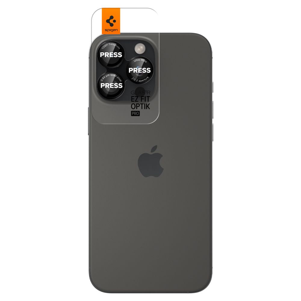 Back Camera Protective Film Spigen EZ FIT for Apple iPhone 16 Pro Max / 16 Pro / 15 Pro Max, Glass Protected, Set 2 pieces, Black AGL05217 