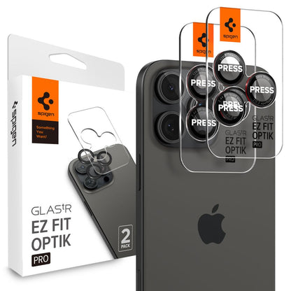 Back Camera Protective Film Spigen EZ FIT for Apple iPhone 16 Pro Max / 16 Pro / 15 Pro Max, Glass Protected, Set 2 pieces, Black AGL05217 