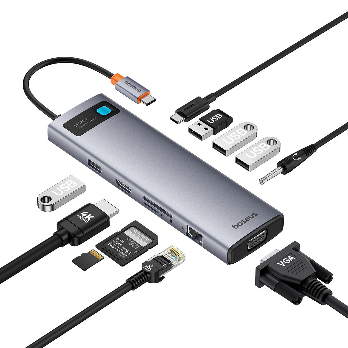 Hub USB-C Baseus Metal Gleam, 1 x USB-C - 3 x USB-A 3.0 - 1 x USB-A 3.0 - 1 x USB-A - 1 x HDMI - 1 x VGA - 1 x 3.5mm jack - 1 x RJ45 - 1 x SD - 1 x microSD, Grey