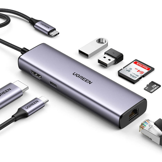 UGREEN CM512 USB-C Hub, 2 x USB-A 3.0 - 1 x USB-C - 1 x HDMI - 1 x SD - 1 x microSD - RJ45, Gray