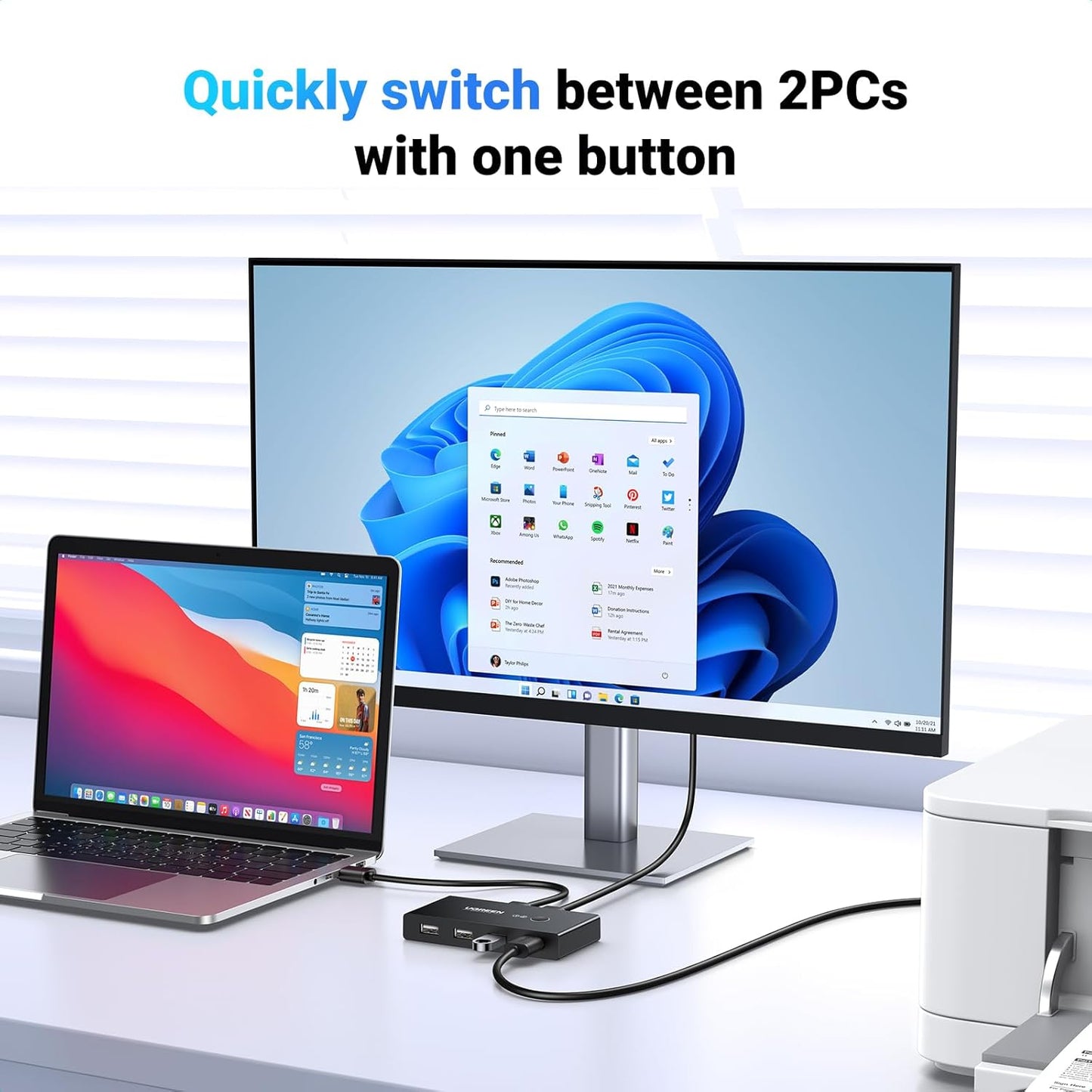 USB Hub UGREEN US216 Two Sharing Switch Box, 4 x USB-A, Black 