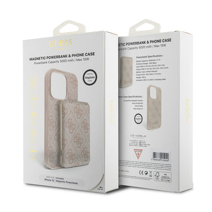 MagSafe Case for Apple iPhone 15, Guess, Powerbank 4G Metal Logo, Pink