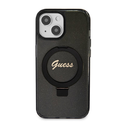 MagSafe Case for Apple iPhone 15, Guess, Ring Stand Script Glitter, Black