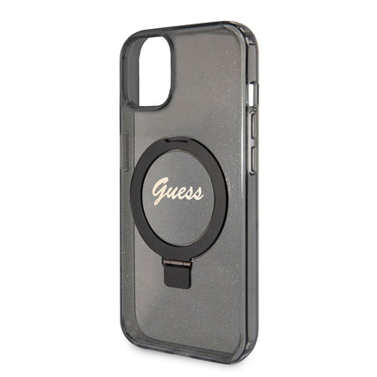 MagSafe Case for Apple iPhone 15 Plus, Guess, Ring Stand Script Glitter, Black