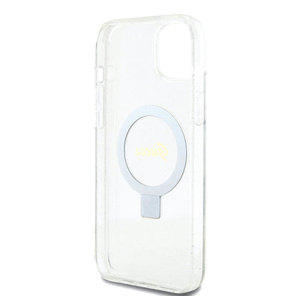 MagSafe Case for Apple iPhone 15 Plus, Guess, Ring Stand Script Glitter, Transparent