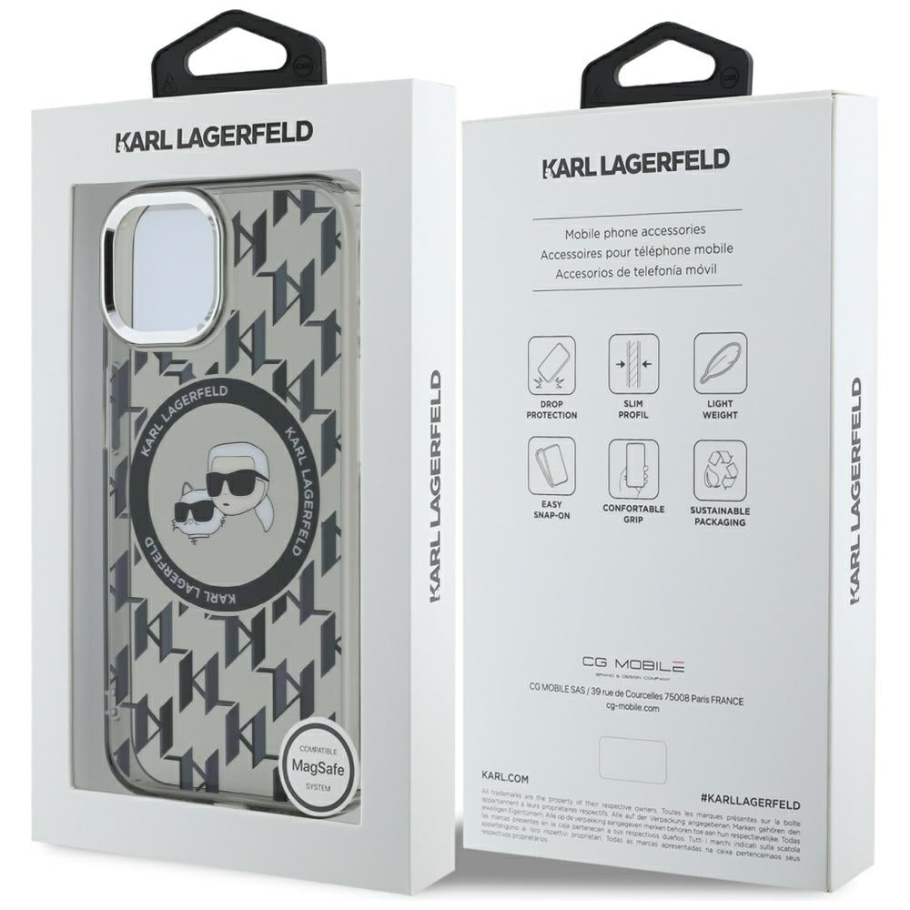 MagSafe Case for Apple iPhone 15 Plus, Karl Lagerfeld, IML Monogram Karl & Choupette's Heads, Black