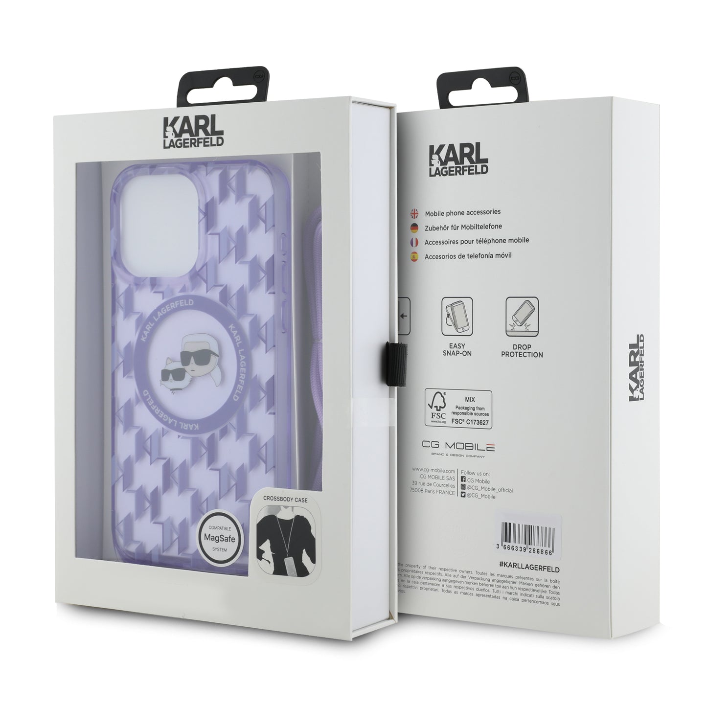 MagSafe Case for Apple iPhone 15 Pro, Karl Lagerfeld, IML Crossbody Monogram Karl & Choupette's Heads, Purple