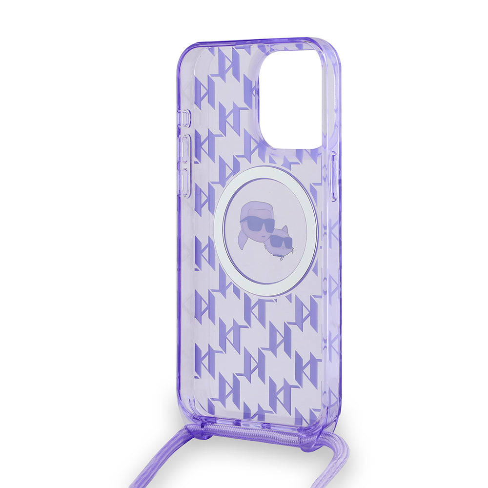 MagSafe Case for Apple iPhone 15 Pro Max, Karl Lagerfeld, IML Crossbody Monogram Karl & Choupette's Heads, Purple