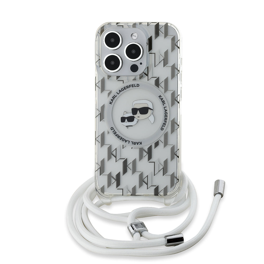 MagSafe Case for Apple iPhone 15 Pro Max, Karl Lagerfeld, IML Crossbody Monogram Karl & Choupette's Heads, Transparent