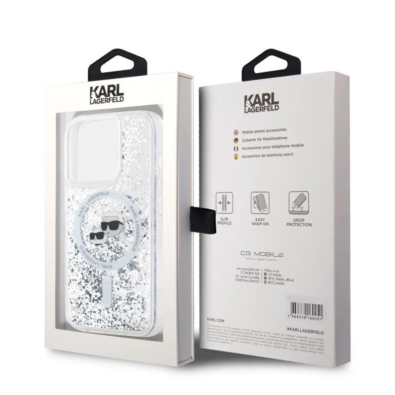 MagSafe Case for Apple iPhone 15 Pro Max, Karl Lagerfeld, Liquid Glitter Karl & Choupette's Heads, Transparent