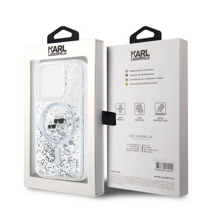 MagSafe Case for Apple iPhone 15 Pro Max, Karl Lagerfeld, Liquid Glitter Karl & Choupette's Heads, Transparent