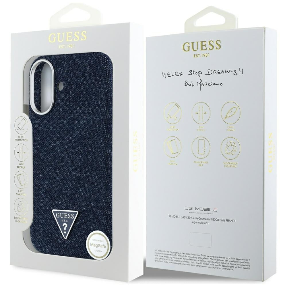 MagSafe Case for Apple iPhone 16, Guess, Denim Triangle Logo, Blue