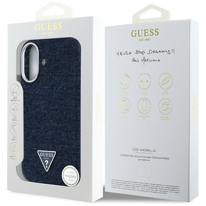 MagSafe Case for Apple iPhone 16, Guess, Denim Triangle Logo, Blue