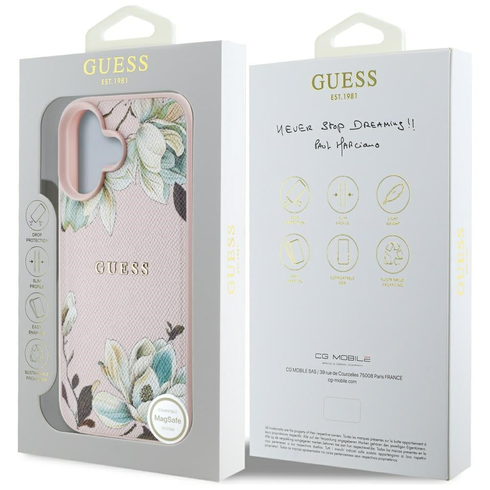 MagSafe Case for Apple iPhone 16, Guess, Grained Flowers, Pink