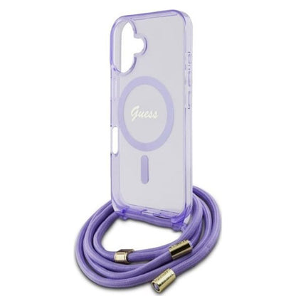 MagSafe Case for Apple iPhone 16, Guess, IML Crossbody Cord Script, Pink