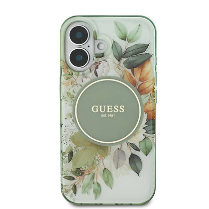 MagSafe Case for Apple iPhone 16, Guess, IML Flower & Tonal Circle, Green