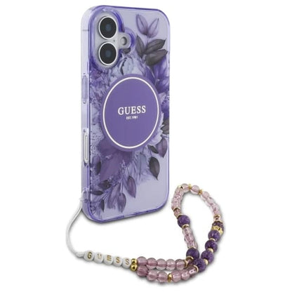 MagSafe Case for Apple iPhone 16, Guess, IML Flowers with Pearl Strap, Purple