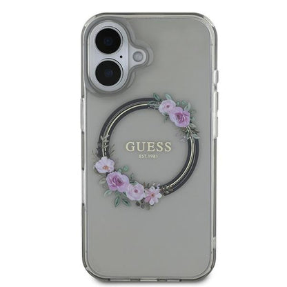 MagSafe Case for Apple iPhone 16, Guess, IML Flowers Wreath, Black