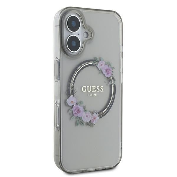 MagSafe Case for Apple iPhone 16, Guess, IML Flowers Wreath, Black