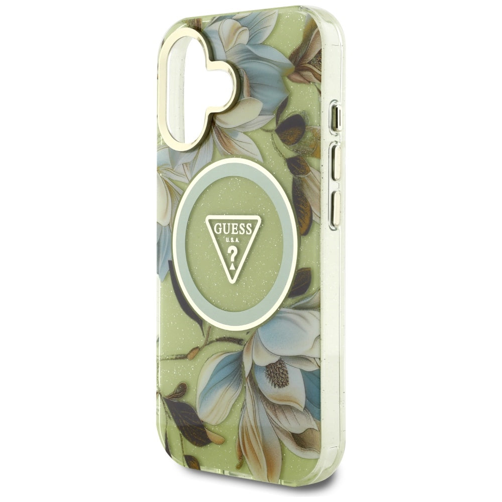 MagSafe Case for Apple iPhone 16, Guess, IML Metal Glitter Flowers Triangle, Green