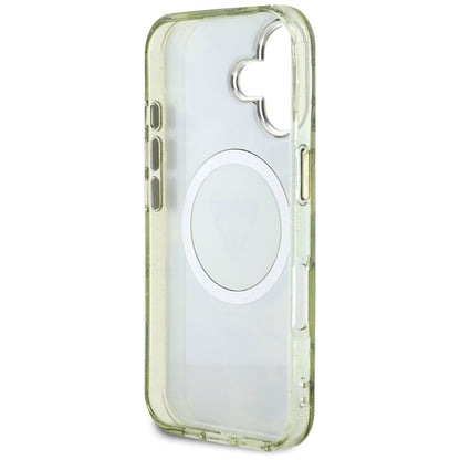 MagSafe Case for Apple iPhone 16, Guess, IML Metal Glitter Flowers Triangle, Green