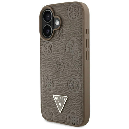 MagSafe Case for Apple iPhone 16, Guess, Peony Grained Hot Stamp Triangle, Brown