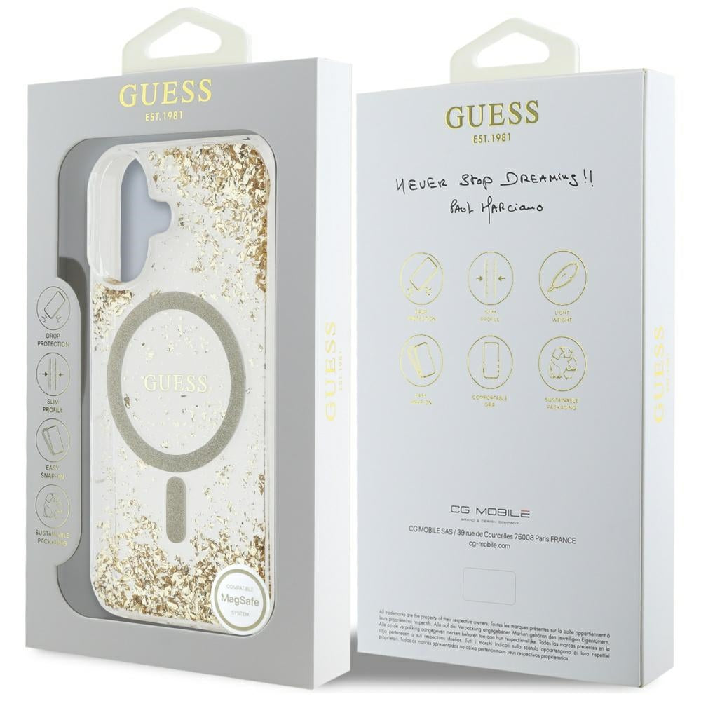 MagSafe Case for Apple iPhone 16, Guess, Resin Bottom Glitter, Gold